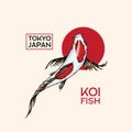 Koi carp and red sun, Japanese fish badge. Korean animal logo. Engraved hand drawn line art Vintage tattoo monochrome