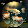 Koi Carp Swims In A Pond On A Moonlit Night