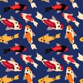 Koi carps of different colors floating in the navy blue