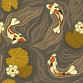 Koi carps in the pond seamless pattern. Vector graphics