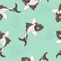 Koi chinese carp seamless pattern. Vector blue background with fish