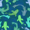 Koi fish or Asian carps swimming among transparent lotus leaves in a modern, graphic style. Seamless pattern