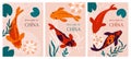 Koi fish cards. Welcome to China banners. Color Japanese golden carps. Goldfish and flowers. Decorative pond elements