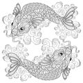 Koi fish. Chinese carps. Pisces. Adult antistress coloring page Royalty Free Stock Photo