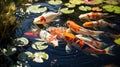 Koi fish and flower in the pond with sunlight, stock photo , Generate AI Royalty Free Stock Photo