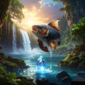 Koi Fish Jumping Out Waterfall Crystal Royalty Free Stock Photo
