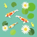 Koi fish and lotus, swimming carp fish, vector, illustration