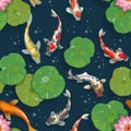 Koi fish pattern. Golden carps seamless texture. Oriental traditional background template with water lily and Japanese