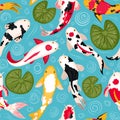 Koi fish pattern. Oriental koi colorful floating carps backdrop, chinese goldfish. Asian traditional carp fish vector