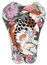 Koi fish with peony flower and wave tattoo,Japanese tattoo for Back body, Japanese carp line drawing coloring book vec