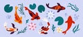 Koi fish and pond elements. Cartoon Japanese carps. Different colors. Decorative flora and fauna top view. Goldfish Royalty Free Stock Photo