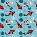 Koi fish seamless pattern. Japanese colored carps. Lake aqua top view. Asian pond. Water lily and lotus flowers. Chinese Royalty Free Stock Photo