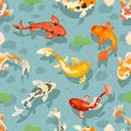 Koi fish seamless pattern. Oriental style fabric print with japanese botanical characters. Decorative background Royalty Free Stock Photo