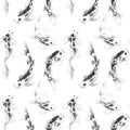 Koi fish seamless pattern. Traditional japanese koi carp pattern. Black and wite watercolor.