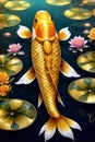 A koi fish with shimmering golden scales on a pond, golden tones, symbolized wealth, prosperity and abundance, fengshui, design