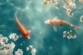 Koi fish swim artificial ponds with a beautiful background of blossoming sakura tree