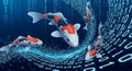 Koi fish swim through a digital stream of binary code, concept of data flow and technology Royalty Free Stock Photo