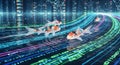 Koi fish swimming through digital data streams, representing AI and technology Royalty Free Stock Photo