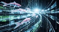 Koi fish swimming through digital stream of data, binary code, technology concept Royalty Free Stock Photo