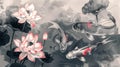 Koi fish swimming with pink lotus flowers tradition Chinese ink Royalty Free Stock Photo