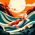 Koi fish swimming in the sea at sunset. Vector illustration. Generative AI Royalty Free Stock Photo