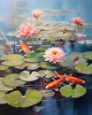 Koi fish swimming in the water lily pond in watercolor painting style Royalty Free Stock Photo