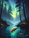 Koi Fish Under Aurora Borealis in Forest Stream Royalty Free Stock Photo