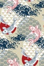 Koi fish wave water circles japanese chinese vector design pattern