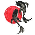 Koi fishes and red sun in Japanese style. Watercolor illustration Royalty Free Stock Photo
