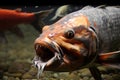 koi swim past sea monster's gaping jaws as it waits for its next meal