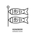 Koinobori streamer windsock line icon. Japanese koi fish flag symbol. Editable stroke