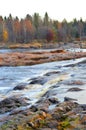 Koiteli rapid, Kiiminki river. Flowing water, rocks along the river, autumn colors.