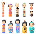 Kokeshi doll. Japan dolls mascot in kimono, traditional japanese toy cartoon kawaii chinese girl cute face adorable