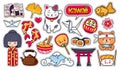 Kokeshi doll, maneki-neko, carps, origami, fuji, sushi, manga, ginko leaf, taiyaki fish. Set of cartoon stickers