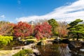 Koko-en autumn park across pond with Himeji castle, Japan Royalty Free Stock Photo