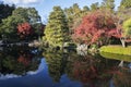 Koko-en garden with fall foliage colors near the small pond in Himeji Japan