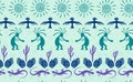 Kokopelli with flute, pangolin, hawk, sun symbol, hands and plant tribal vector seamless pattern Royalty Free Stock Photo