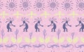 Kokopelli with flute, pangolin, hawk, sun symbol, hands and plant tribal vector seamless pattern.