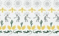 Kokopelli with flute, pangolin, hawk, sun symbol, hands and plant tribal vector seamless pattern.