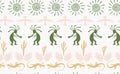 Kokopelli with flute, pangolin, hawk, sun symbol, hands and plant tribal vector seamless pattern.