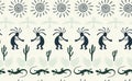 Kokopelli with flute, pangolin, hawk, sun symbol, hands and plant tribal vector seamless pattern.