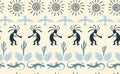 Kokopelli with flute, pangolin, hawk, sun symbol, hands and plant tribal vector seamless pattern.