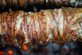 Kokorech, lamb intestines and giblets are cooked on spit