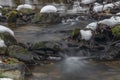 Kokotinsky dick creek with green moss stone in winter cold day Royalty Free Stock Photo