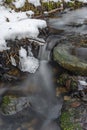 Kokotinsky dick creek with green moss stone in winter cold day Royalty Free Stock Photo