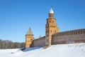 The Kokui Tower and the ancient walls of the Kremlin. Veliky Novgorod