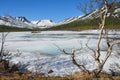 Russia, Kola Peninsula, Khibiny. Lake Small Vudyavr in summer covered with ice in sunny weather Royalty Free Stock Photo