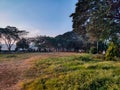 scenic view of public garden or jogging park, kids playing with ball, people jogging. Royalty Free Stock Photo