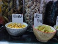 Stock photo of Indian grocery store or kirana store, verity of food, grain, spices snacks kept in transparent glass jar and bowl