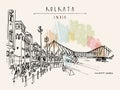 Kolkata, India. Howrah Junction Railway Station and Howrah Bridge. Hand drawn travel postcard